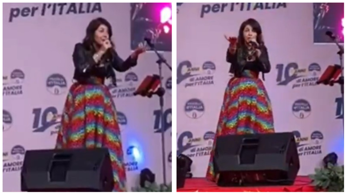 cristina-davena,-colpo-di-scena!-alla-festa-di-fdi-con-la-gonna-rainbow-canta-lady-oscar